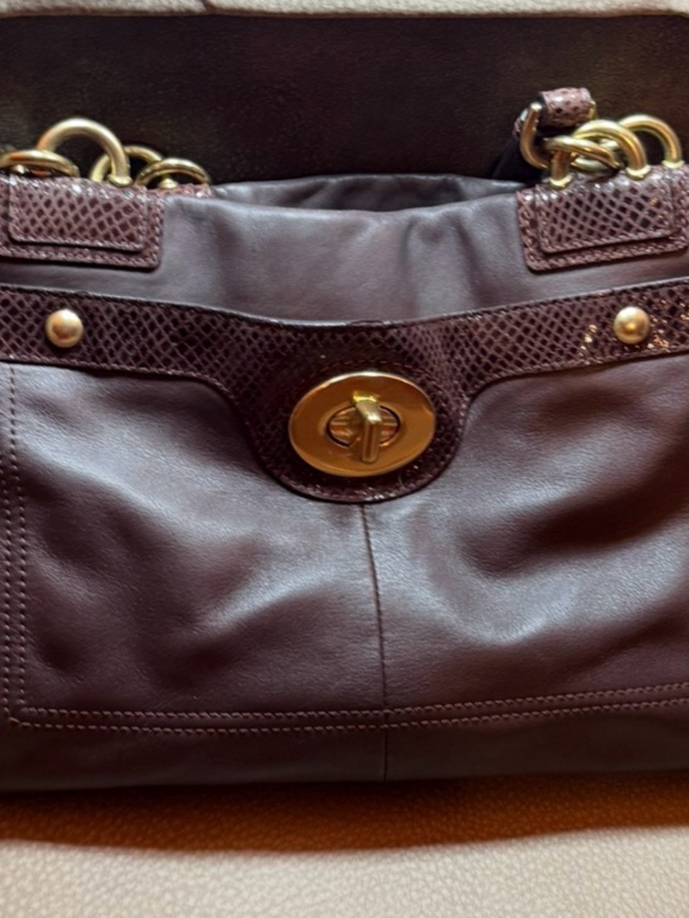 Coach Dark Brown Leather Shoulder Bag with Gold-Tone Turnlock